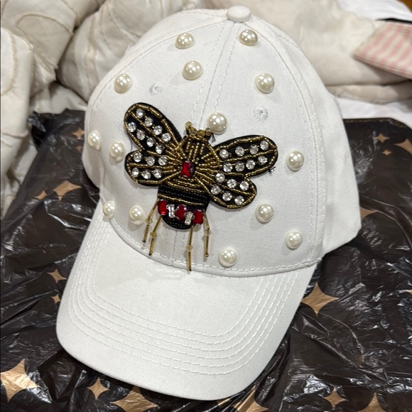 Accessories - Embellished White Cap with Bee Design